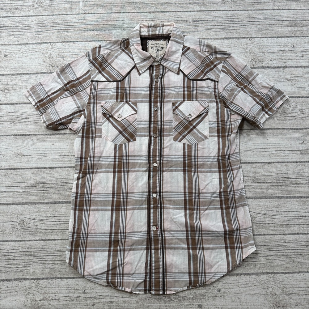 Y2K Guess Western Shirt Men's Medium Brown Plaid Pearl Snap Short Sleeve Vintage